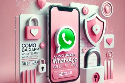 Imagem de um smartphone com o logotipo do WhatsApp rosa na tela, acompanhado de ícones de segurança, como cadeado e escudo, representando a forma segura de baixar o WhatsApp GB Rosa.