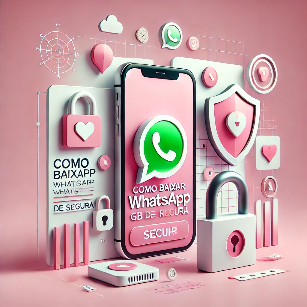 Imagem de um smartphone com o logotipo do WhatsApp rosa na tela, acompanhado de ícones de segurança, como cadeado e escudo, representando a forma segura de baixar o WhatsApp GB Rosa.