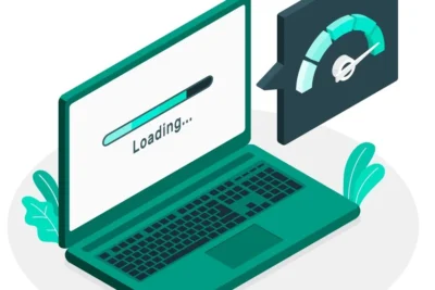 Ilustração de um laptop exibindo a mensagem 'Loading...' e um gráfico de carregamento, representando o processo de carregamento do site.