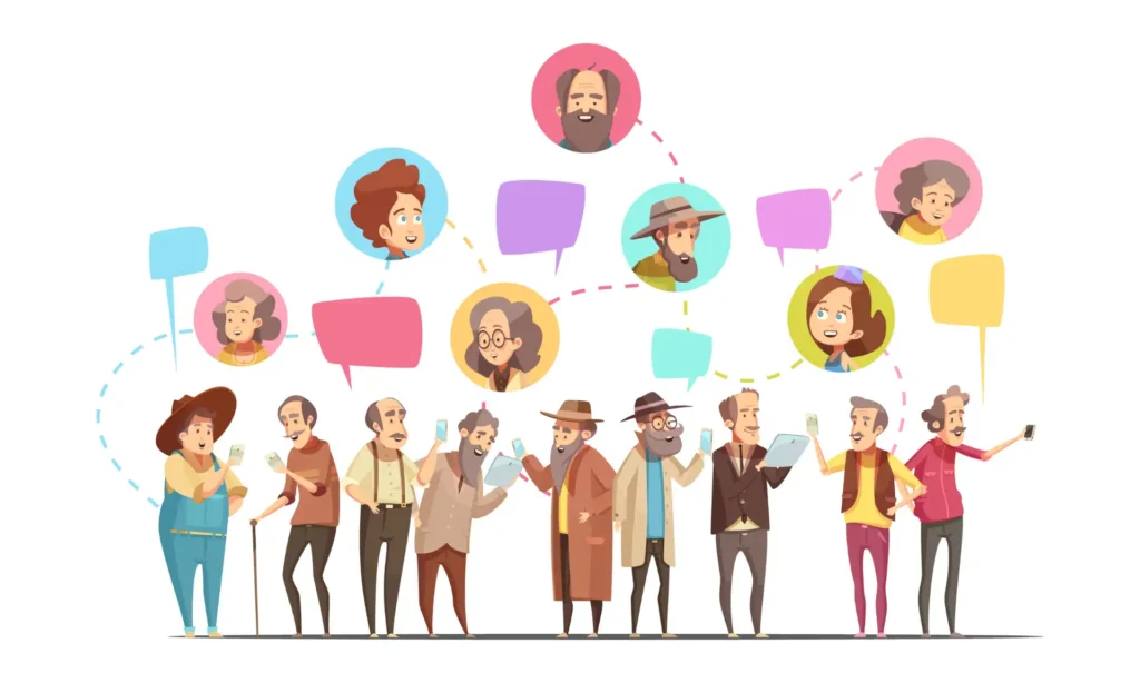 Diversas pessoas usando dispositivos móveis e computadores, discutindo sobre publicidade de massa e a relevância dos veículos tradicionais na era digital.