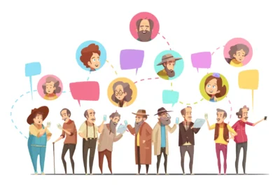 Diversas pessoas usando dispositivos móveis e computadores, discutindo sobre publicidade de massa e a relevância dos veículos tradicionais na era digital.