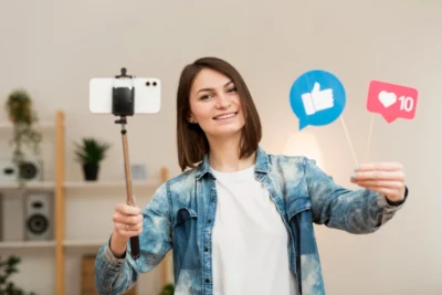 Jovem influenciadora digital grava vídeo para redes sociais, segurando varinhas de cartolina com símbolos de likes e comentários, ilustrando o impacto da perda de confiança nas marcas, em um cenário de ambiente interno