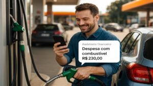 Homem registrando gasto com combustível no celular enquanto abastece carro em posto movimentado