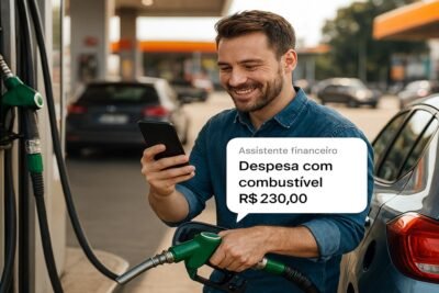 Homem registrando gasto com combustível no celular enquanto abastece carro em posto movimentado