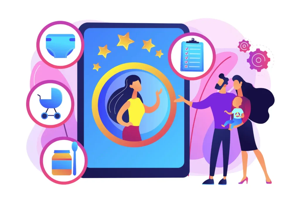 Ilustração destacando a importância da personalização na comunicação com clientes, com elementos relacionados a produtos infantis e atendimento personalizado.