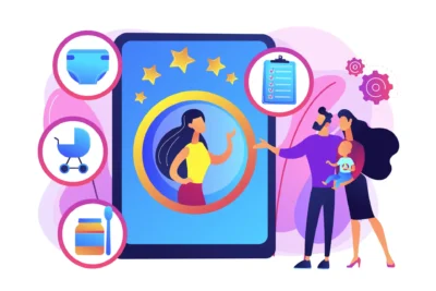 Ilustração destacando a importância da personalização na comunicação com clientes, com elementos relacionados a produtos infantis e atendimento personalizado.