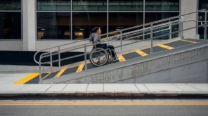 Pessoa em cadeira de rodas acessando rampa de acesso em ambiente urbano, promovendo inclusão e acessibilidade para mobilidade de pessoas com deficiência.