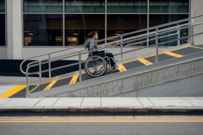 Pessoa em cadeira de rodas acessando rampa de acesso em ambiente urbano, promovendo inclusão e acessibilidade para mobilidade de pessoas com deficiência.