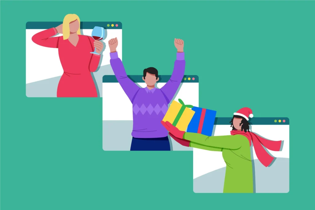 Ilustração representando tendências de comportamento do consumidor para o Ano Novo, com pessoas celebrando, presenteando e comemorando em um ambiente digital.