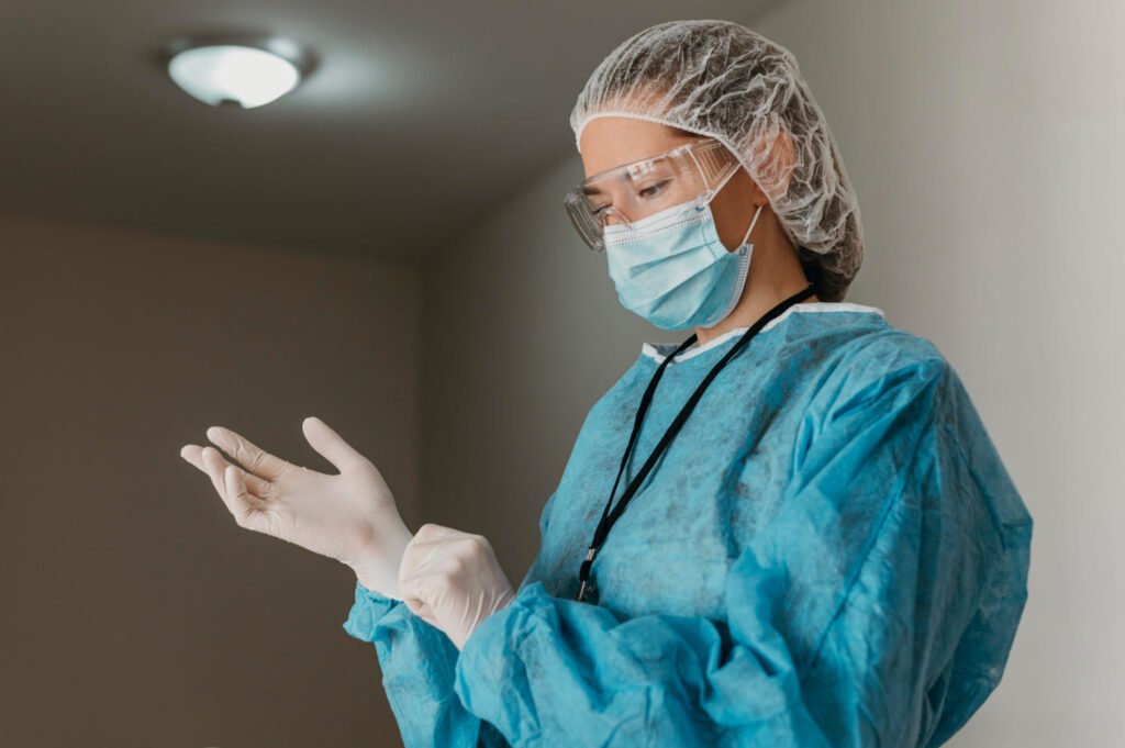 Profissional com EPI hospitalar ajusta luvas, usando máscara, óculos e avental